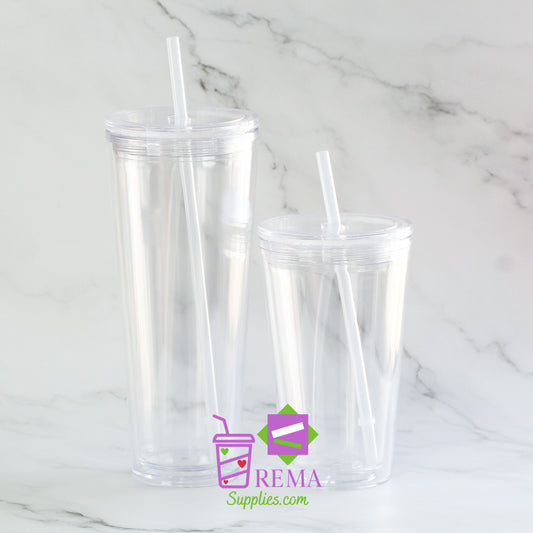 Pre- Drilled Double Wall Tumbler, Clear Lid/Straw