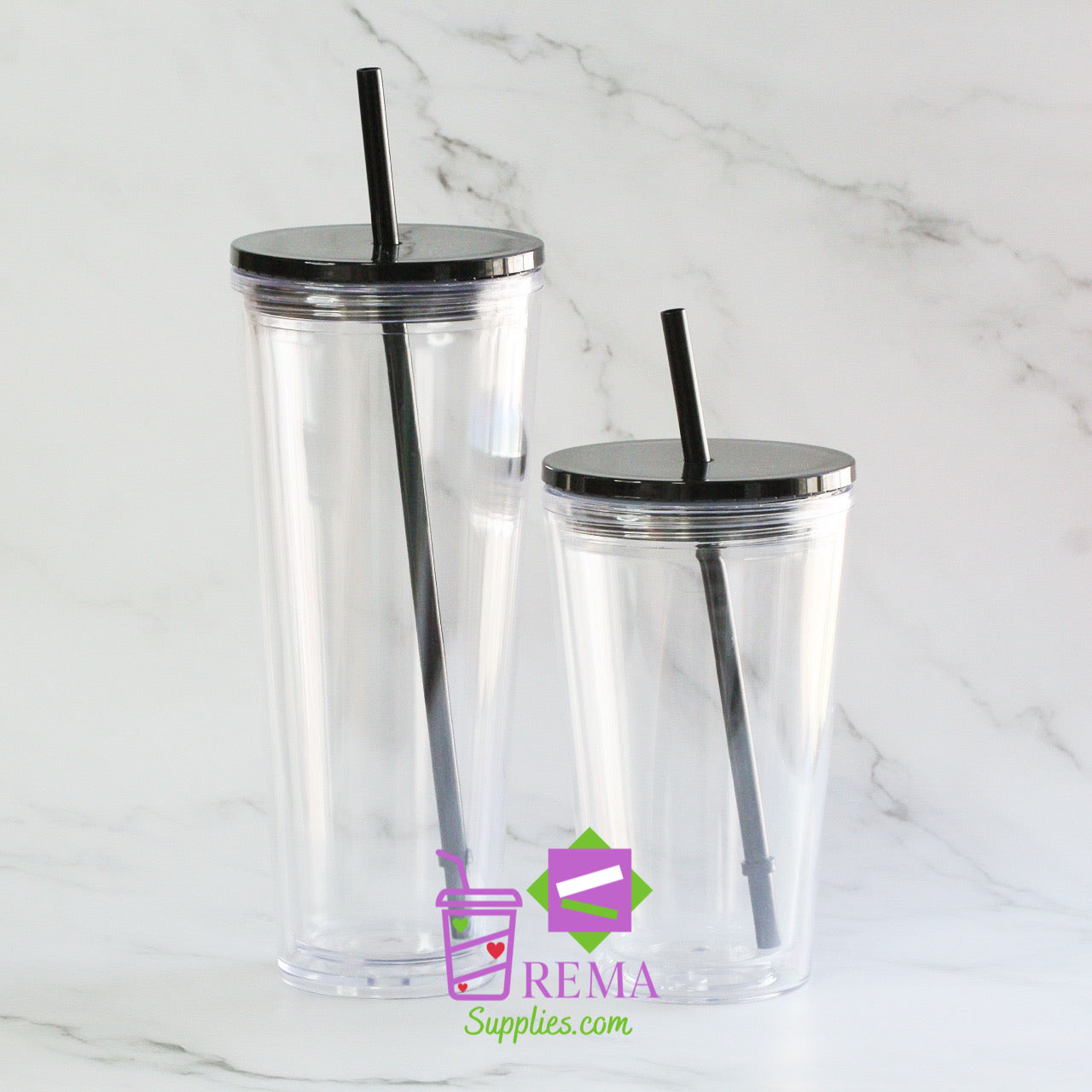 Pre-Drilled Double Wall Acrylic Tumbler, Black Lid/Straw