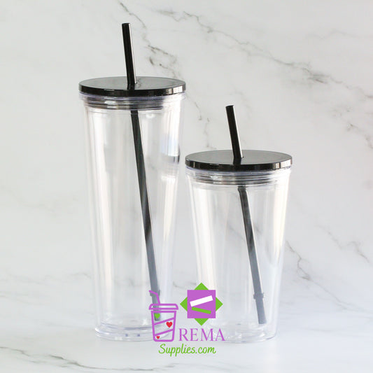 Pre-Drilled Double Wall Acrylic Tumbler, Black Lid/Straw