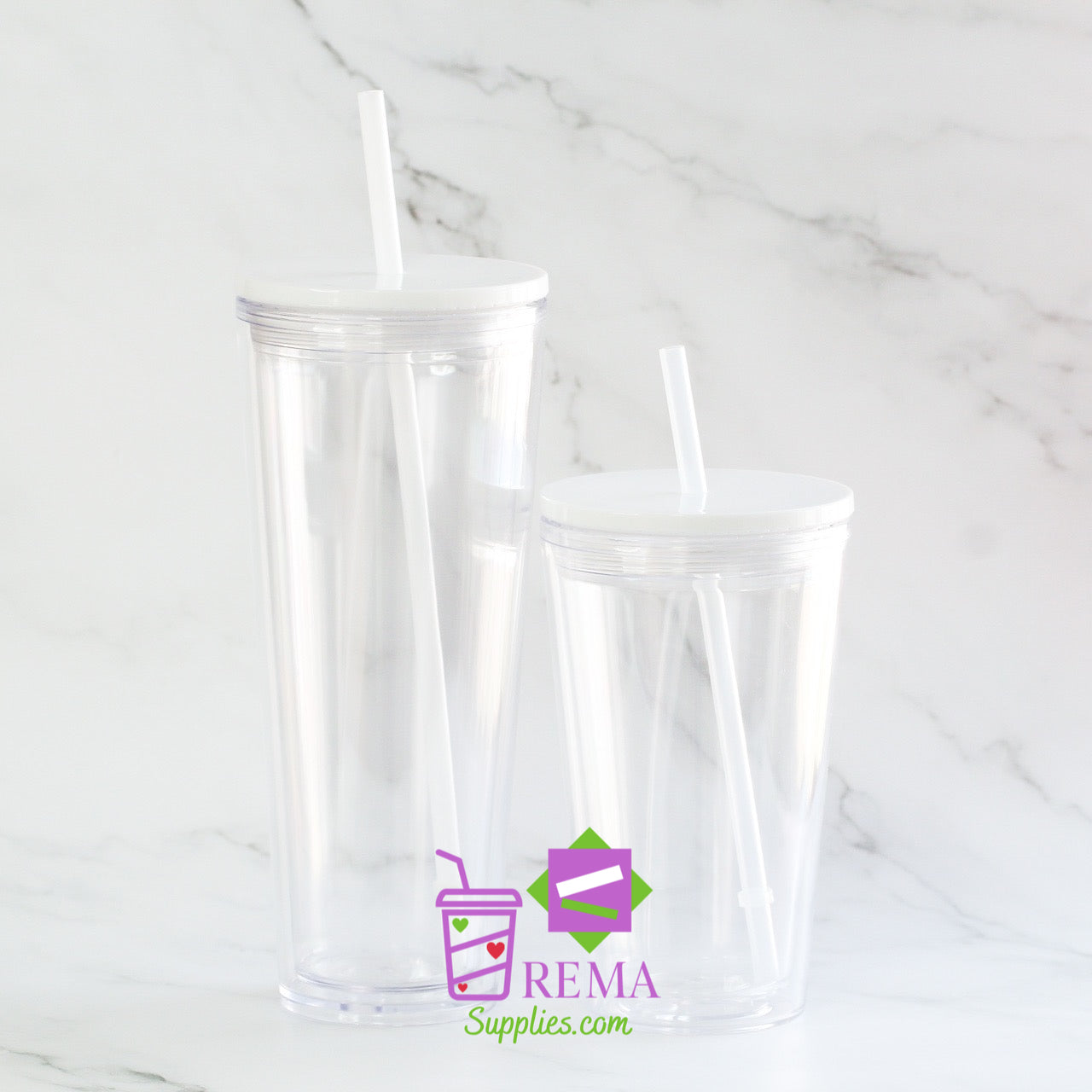 Pre- Drilled Double Wall Tumbler, White Lid/Straw
