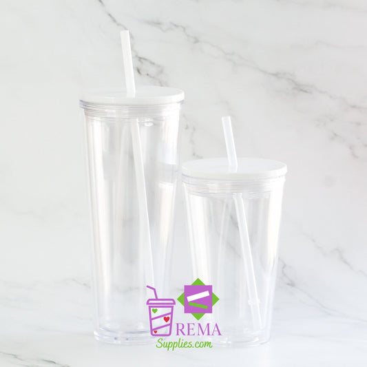 Pre- Drilled Double Wall Tumbler, White Lid/Straw