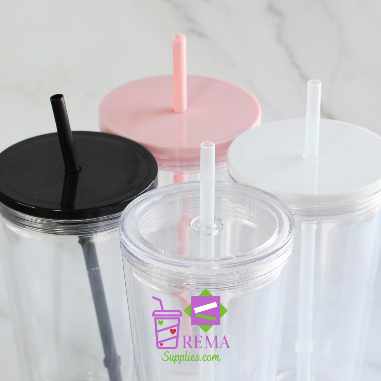 Pre- Drilled Double Wall Tumbler, Clear Lid/Straw
